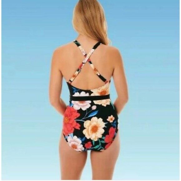 Miracle Brands Black Floral Swimsuit NWT Sz 8 - Picture 2 of 9